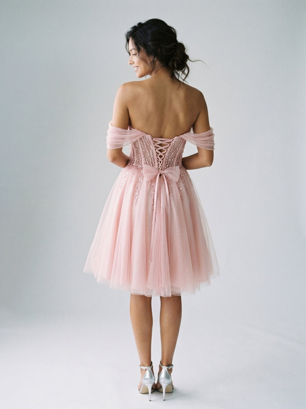 Petal Tulle A-Line Off-the-Shoulder Backless Short Homecoming Dress with Sequins - Curvevia