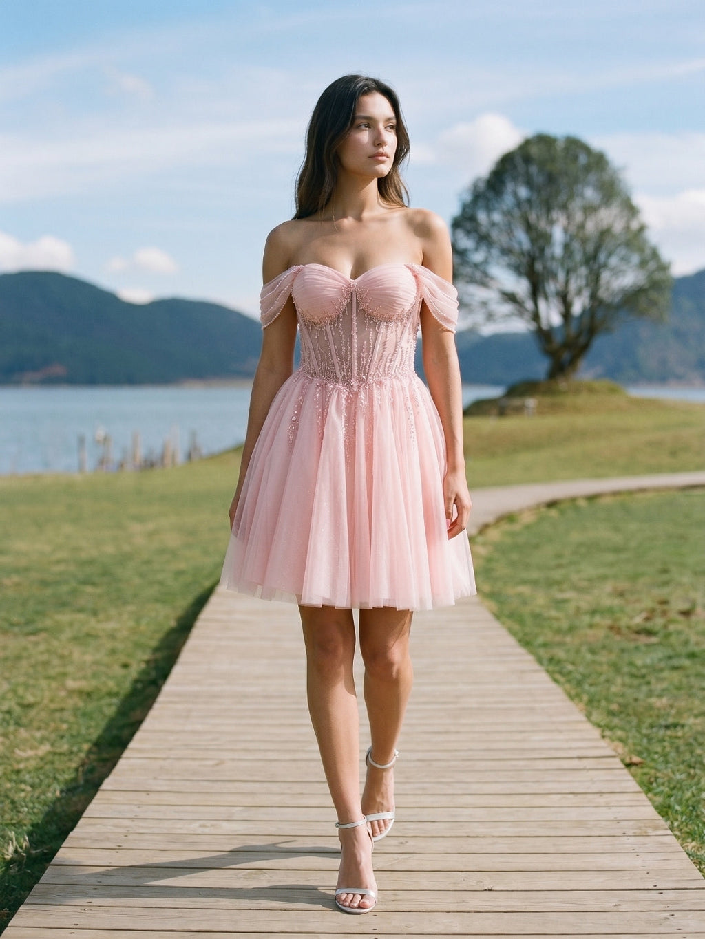 Petal Tulle A-Line Off-the-Shoulder Backless Short Homecoming Dress with Sequins - Curvevia
