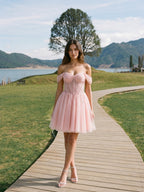 Petal Tulle A-Line Off-the-Shoulder Backless Short Homecoming Dress with Sequins - Curvevia