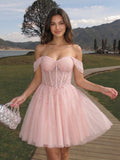 Petal Tulle A-Line Off-the-Shoulder Backless Short Homecoming Dress with Sequins - Curvevia