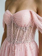 Petal Tulle A-Line Off-the-Shoulder Backless Short Homecoming Dress with Sequins - Curvevia