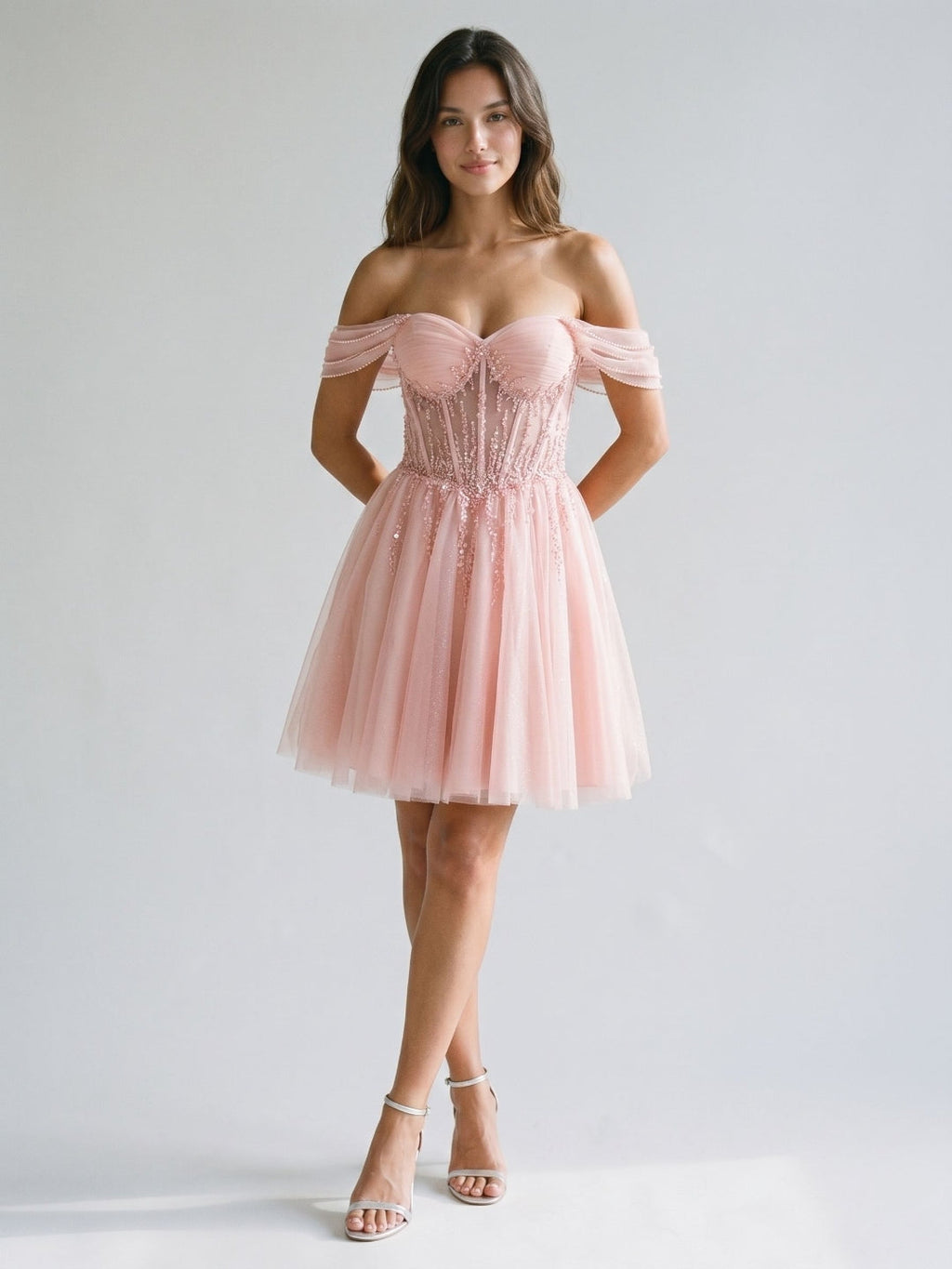 Petal Tulle A-Line Off-the-Shoulder Backless Short Homecoming Dress with Sequins - Curvevia