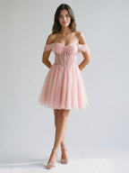 Petal Tulle A-Line Off-the-Shoulder Backless Short Homecoming Dress with Sequins - Curvevia