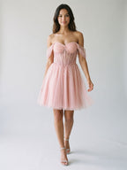 Petal Tulle A-Line Off-the-Shoulder Backless Short Homecoming Dress with Sequins - Curvevia