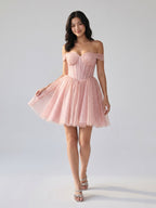 Petal Tulle A-Line Off-the-Shoulder Short Homecoming Dress with Sequins - Curvevia