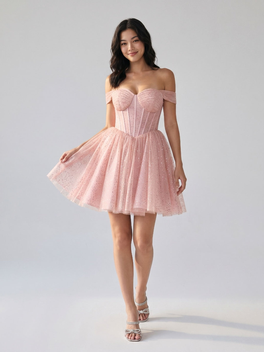 Petal Tulle A-Line Off-the-Shoulder Short Homecoming Dress with Sequins - Curvevia