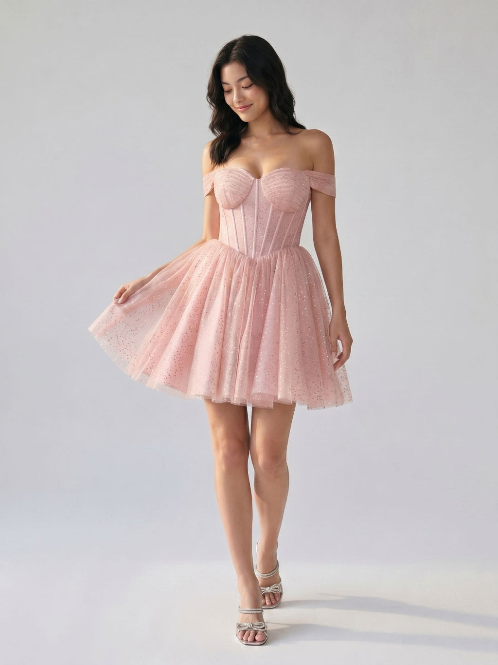 Petal Tulle A-Line Off-the-Shoulder Short Homecoming Dress with Sequins - Curvevia