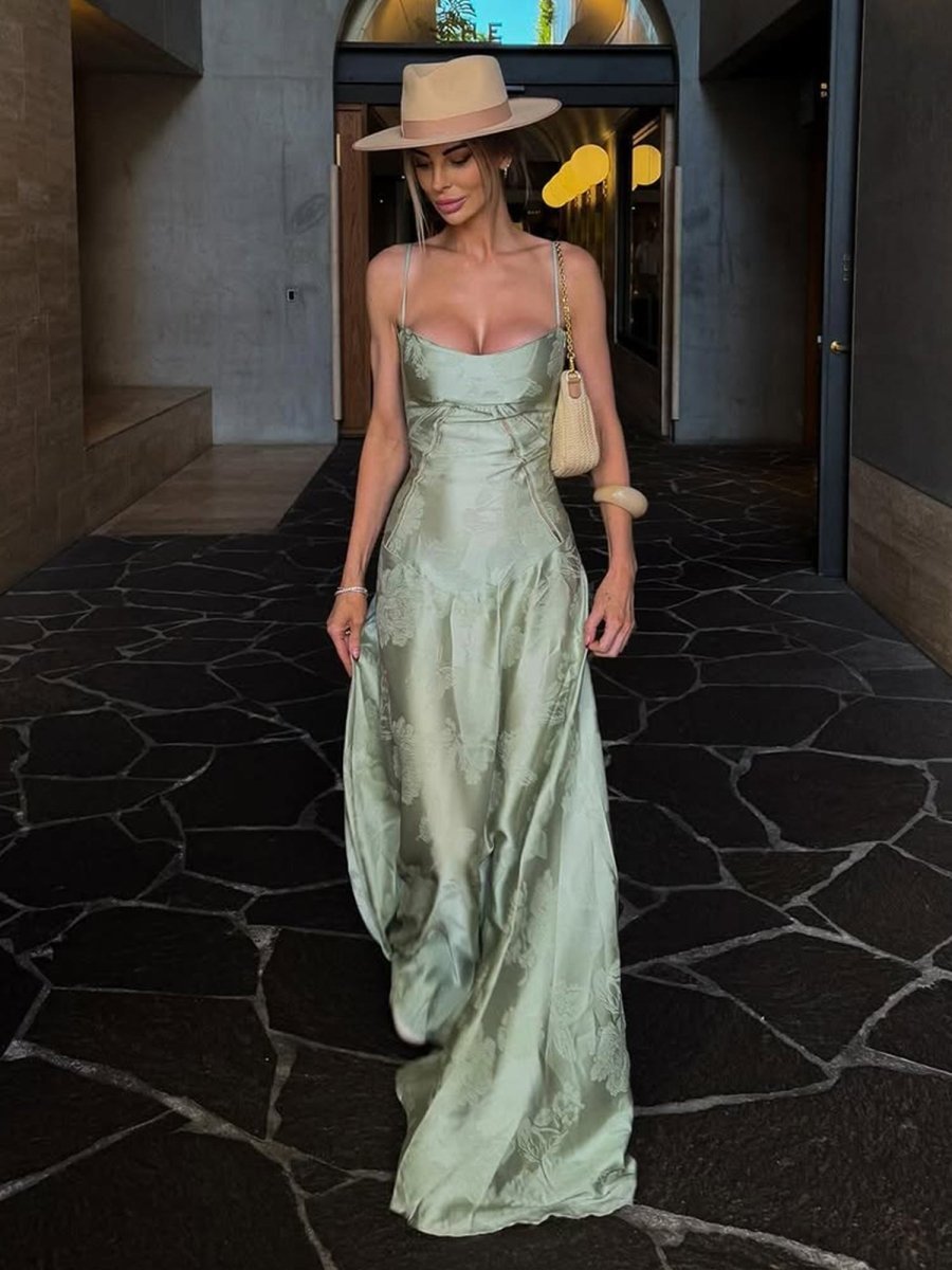 Sage Mermaid Satin Spaghetti Straps Long Evening Dress - Curvevia