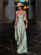 Sage Mermaid Satin Spaghetti Straps Long Evening Dress - Curvevia