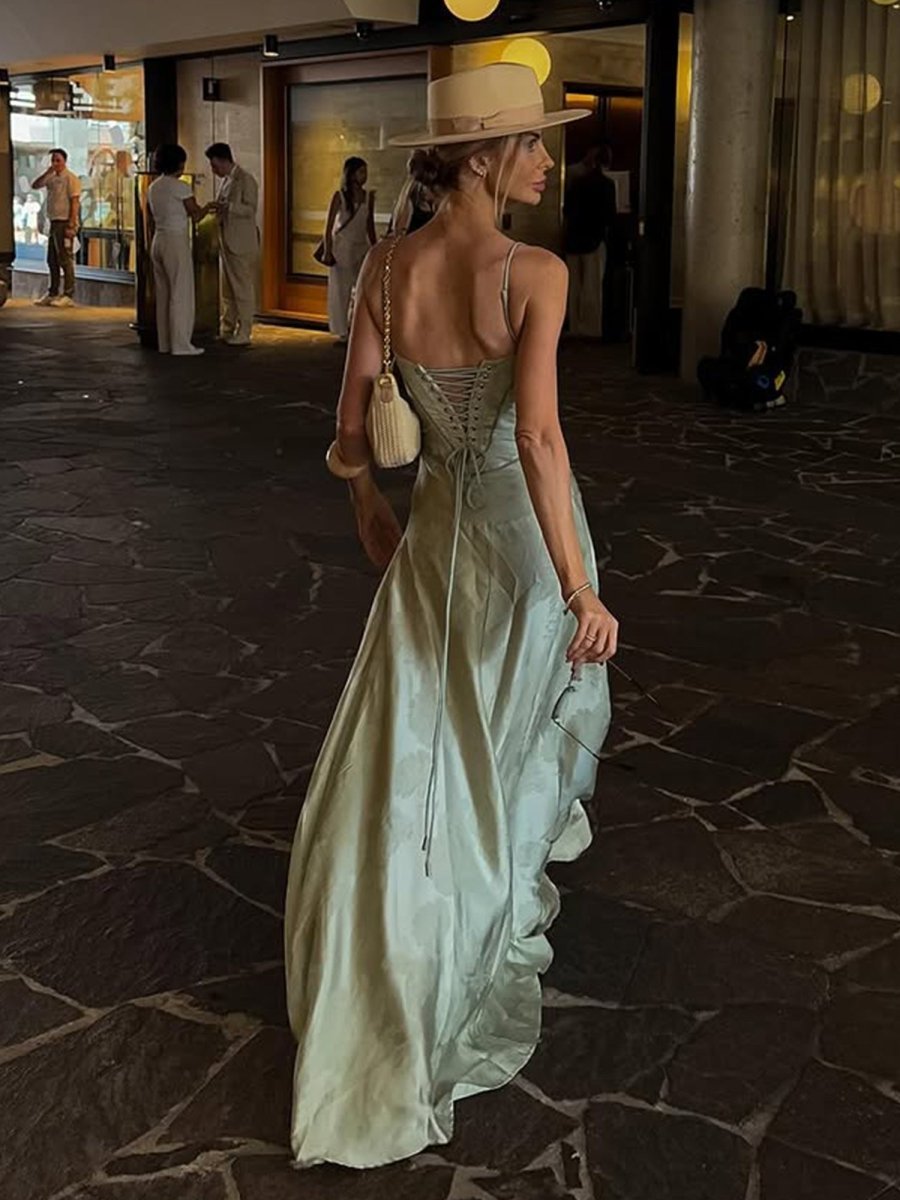 Sage Mermaid Satin Spaghetti Straps Long Evening Dress - Curvevia