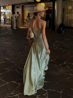 Sage Mermaid Satin Spaghetti Straps Long Evening Dress - Curvevia