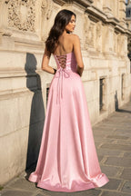 A Line Black Strapless Satin Evening Dress With Slit - Curvevia