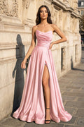 A Line Black Strapless Satin Evening Dress With Slit - Curvevia