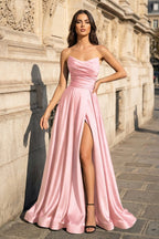 A Line Black Strapless Satin Evening Dress With Slit - Curvevia