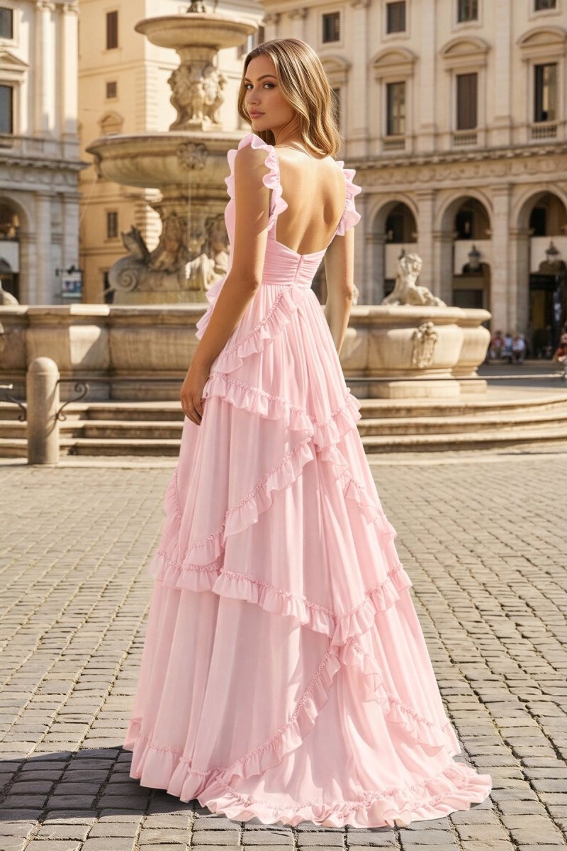A-Line Straps Sky Blue Chiffon Ruffles Long Prom Dress - Curvevia