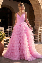 A-Line Spaghetti Straps Tiered Tulle Wedding Guest Dress - Curvevia