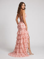 Pink Floral Chiffon Mermaid V-Neck Lace-up Floor-Length Dress with Cascading Tiered Ruffles - Curvevia