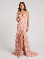 Pink Floral Chiffon Mermaid V-Neck Lace-up Floor-Length Dress with Cascading Tiered Ruffles - Curvevia