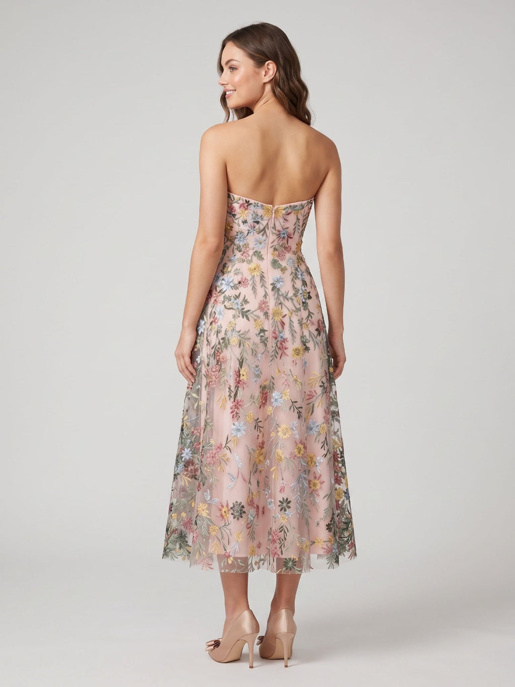 Mauve Floral Tulle A-Line Sweetheart Zipper Back Midi Dress - Curvevia