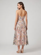 Mauve Floral Tulle A-Line Sweetheart Zipper Back Midi Dress - Curvevia