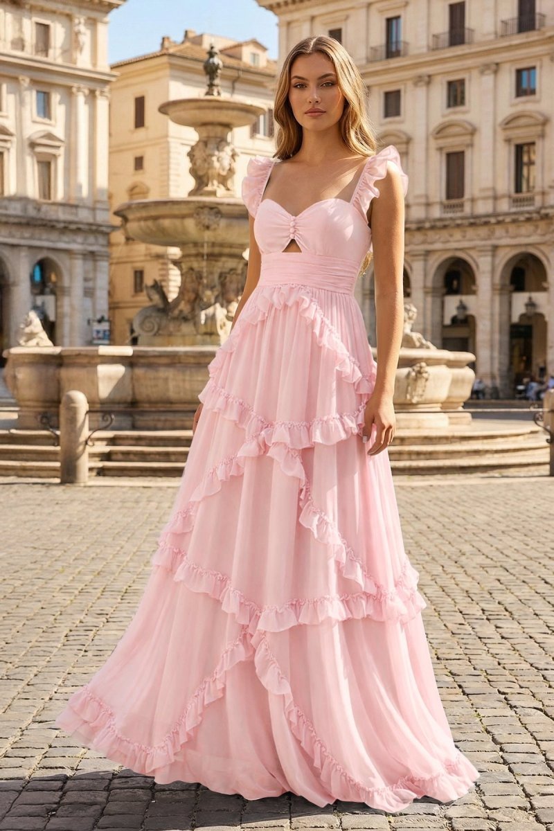 A-Line Straps Sky Blue Chiffon Ruffles Long Prom Dress - Curvevia