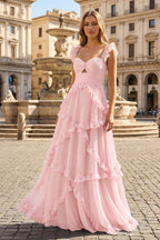 A-Line Straps Sky Blue Chiffon Ruffles Long Prom Dress - Curvevia