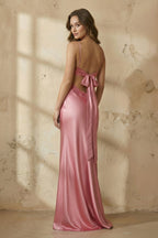Blue Spaghetti Straps Sheath Satin Long Prom Dresses With Appliques - Curvevia