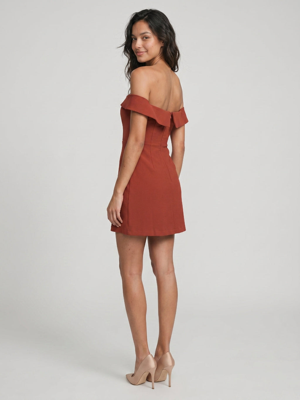 Playful Rust Stretch Knit A-Line Off-the-Shoulder Backless Short Homecoming Dress with Pleats - Curvevia