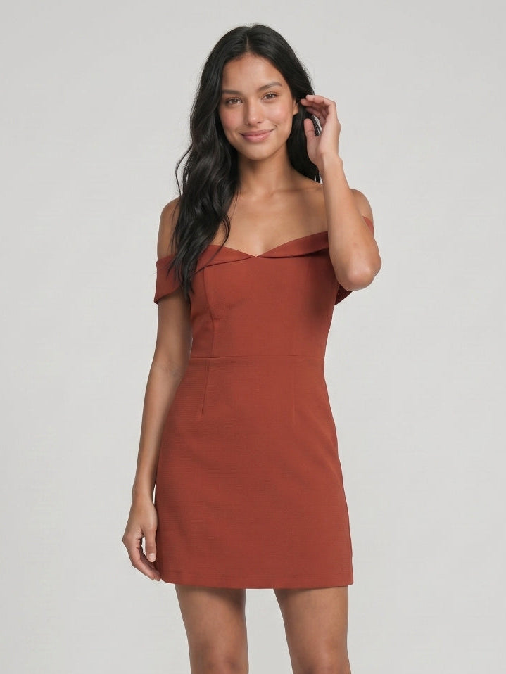 Playful Rust Stretch Knit A-Line Off-the-Shoulder Backless Short Homecoming Dress with Pleats - Curvevia
