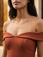 Playful Rust Stretch Knit A-Line Off-the-Shoulder Backless Short Homecoming Dress with Pleats - Curvevia