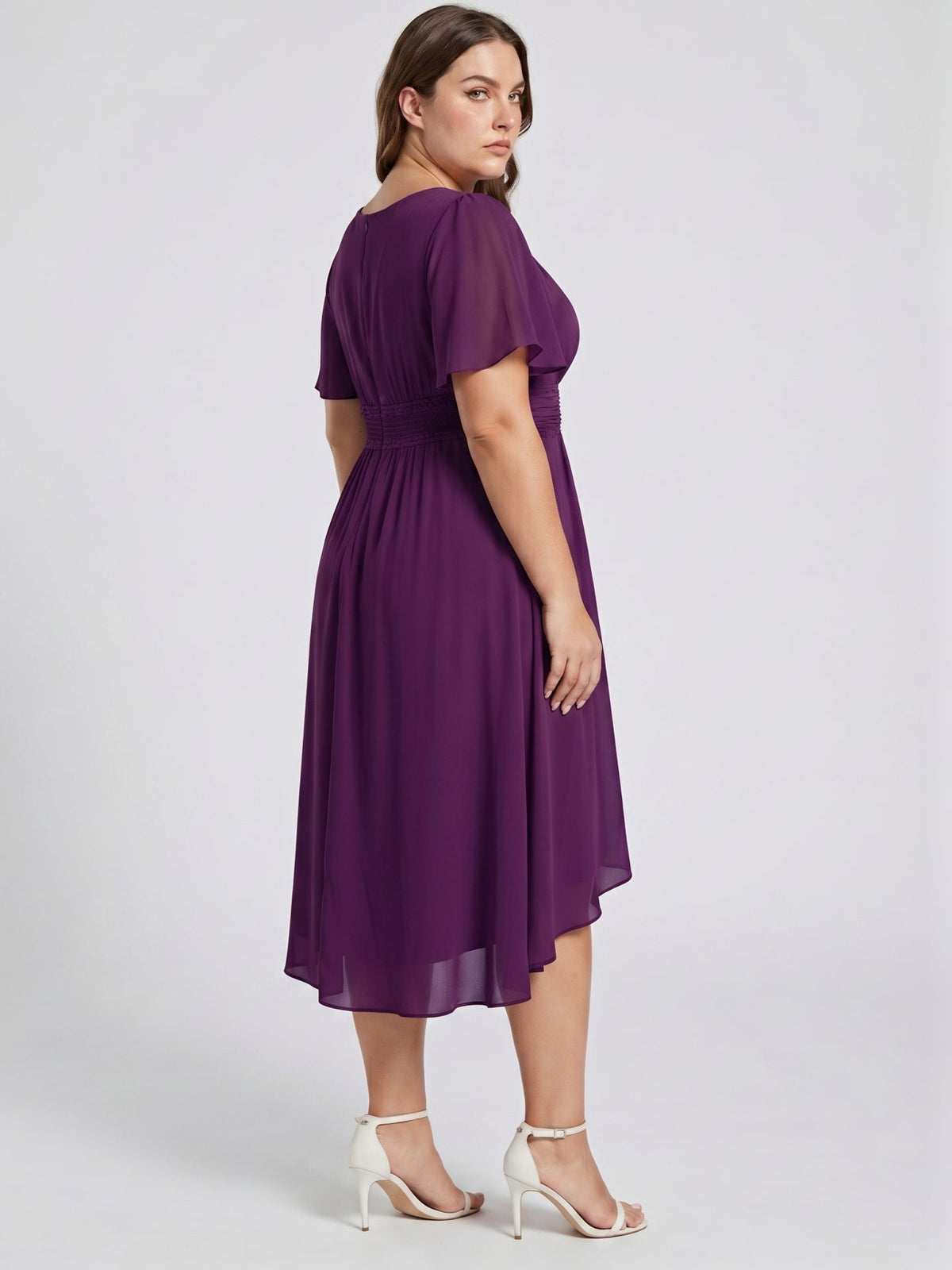 Coquette Plum Chiffon A-Line Scoop Neck Back Zip Knee-Length Plus Size Bridesmaid Dress - Curvevia