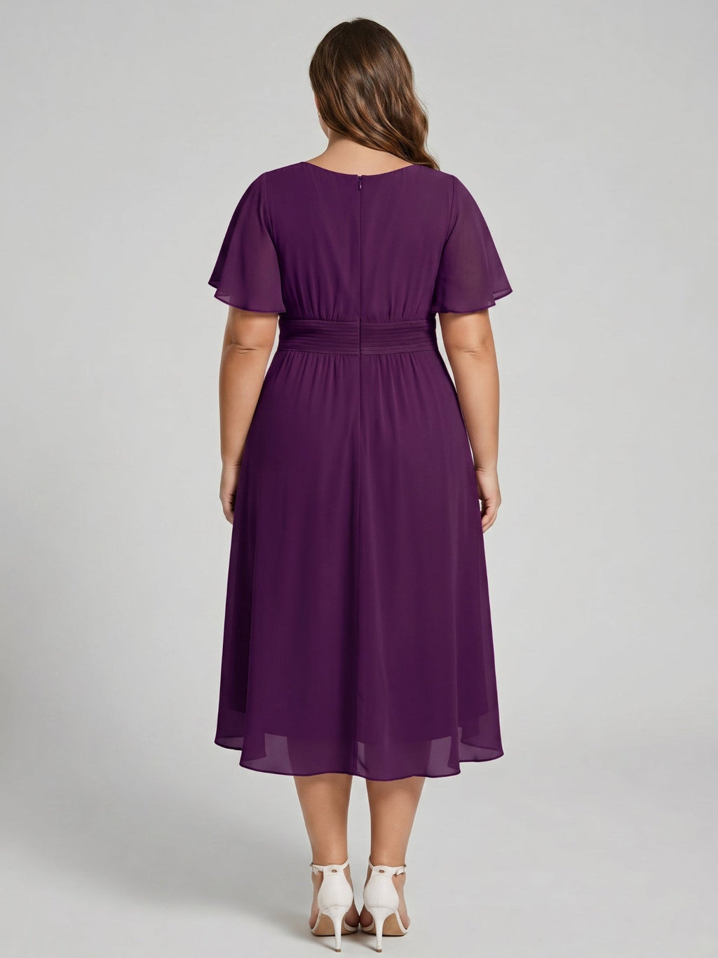 Coquette Plum Chiffon A-Line Scoop Neck Back Zip Knee-Length Plus Size Bridesmaid Dress - Curvevia