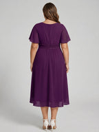 Coquette Plum Chiffon A-Line Scoop Neck Back Zip Knee-Length Plus Size Bridesmaid Dress - Curvevia