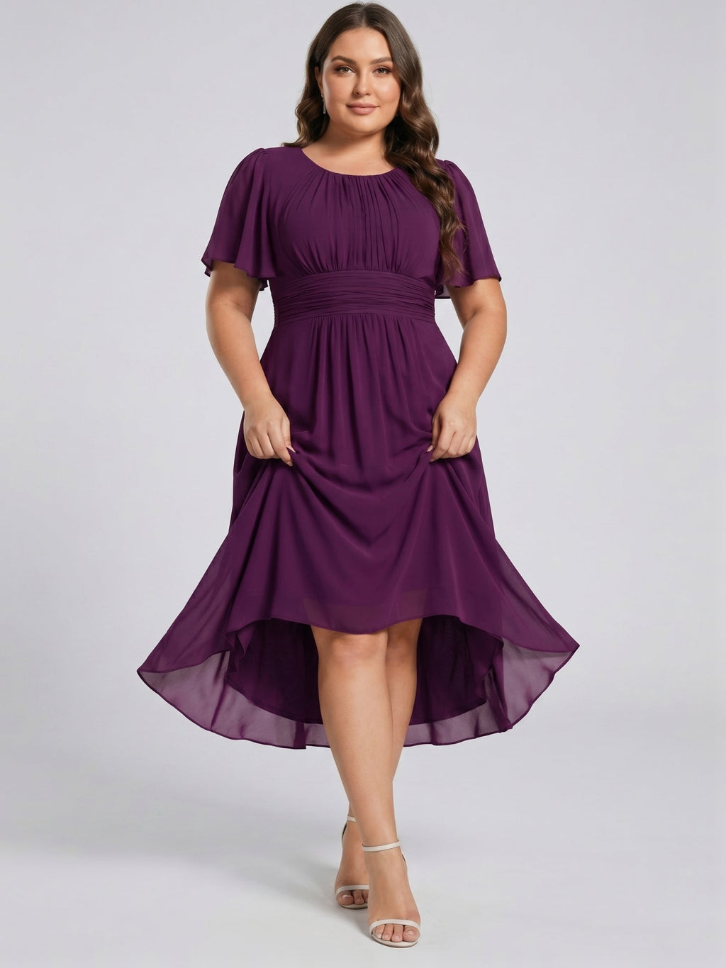 Coquette Plum Chiffon A-Line Scoop Neck Back Zip Knee-Length Plus Size Bridesmaid Dress - Curvevia