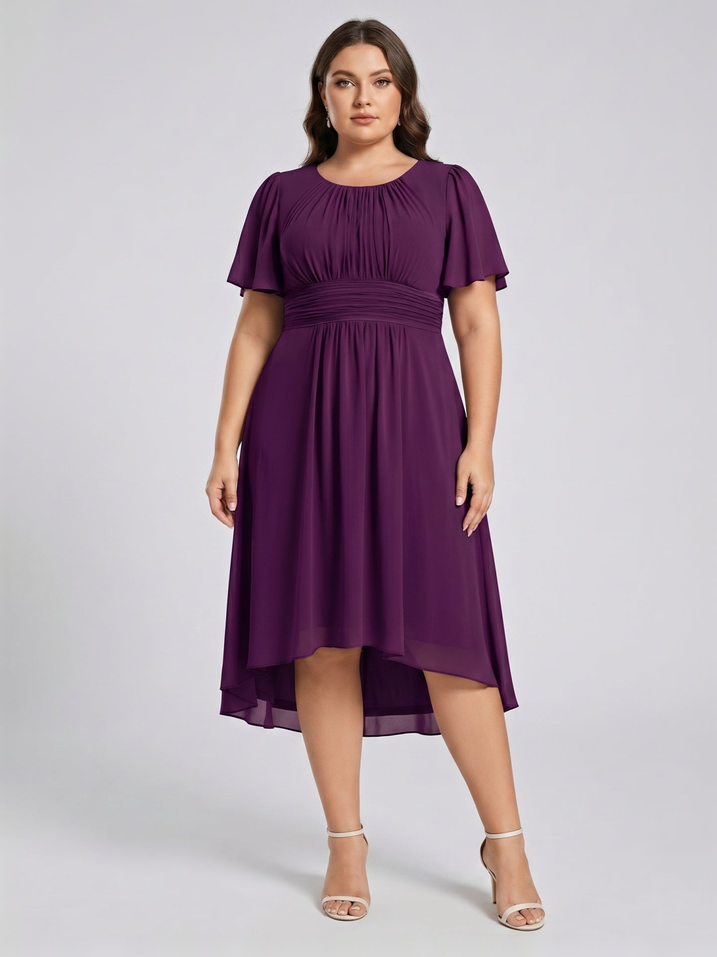 Coquette Plum Chiffon A-Line Scoop Neck Back Zip Knee-Length Plus Size Bridesmaid Dress - Curvevia