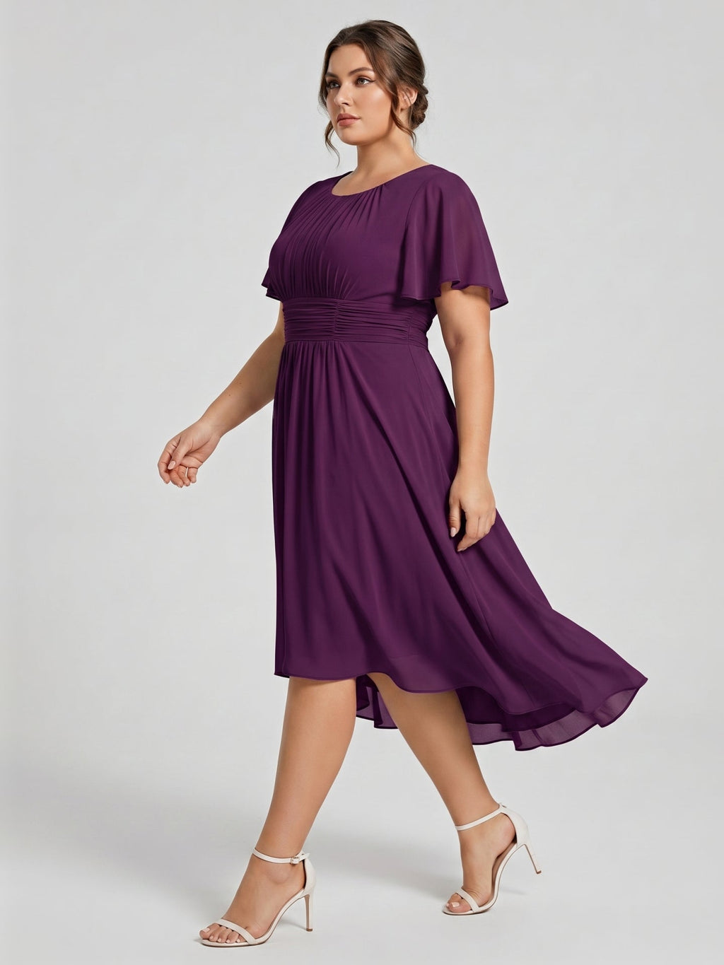Coquette Plum Chiffon A-Line Scoop Neck Back Zip Knee-Length Plus Size Bridesmaid Dress - Curvevia