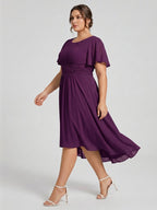 Coquette Plum Chiffon A-Line Scoop Neck Back Zip Knee-Length Plus Size Bridesmaid Dress - Curvevia