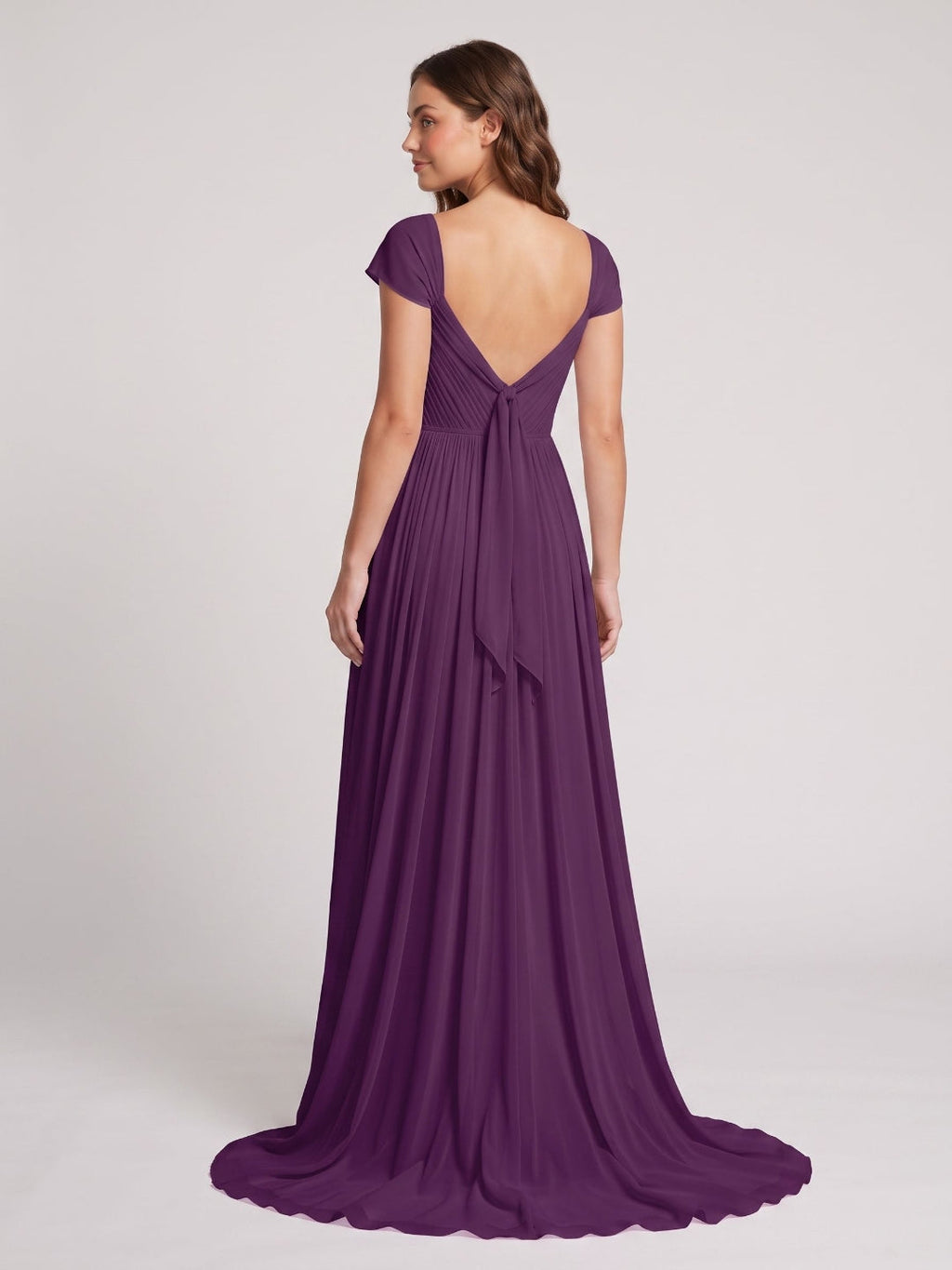 Plum Chiffon A-Line Square Neck Backless Floor-Length Prom Dress - Curvevia