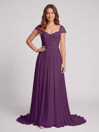 Plum Chiffon A-Line Square Neck Backless Floor-Length Prom Dress - Curvevia