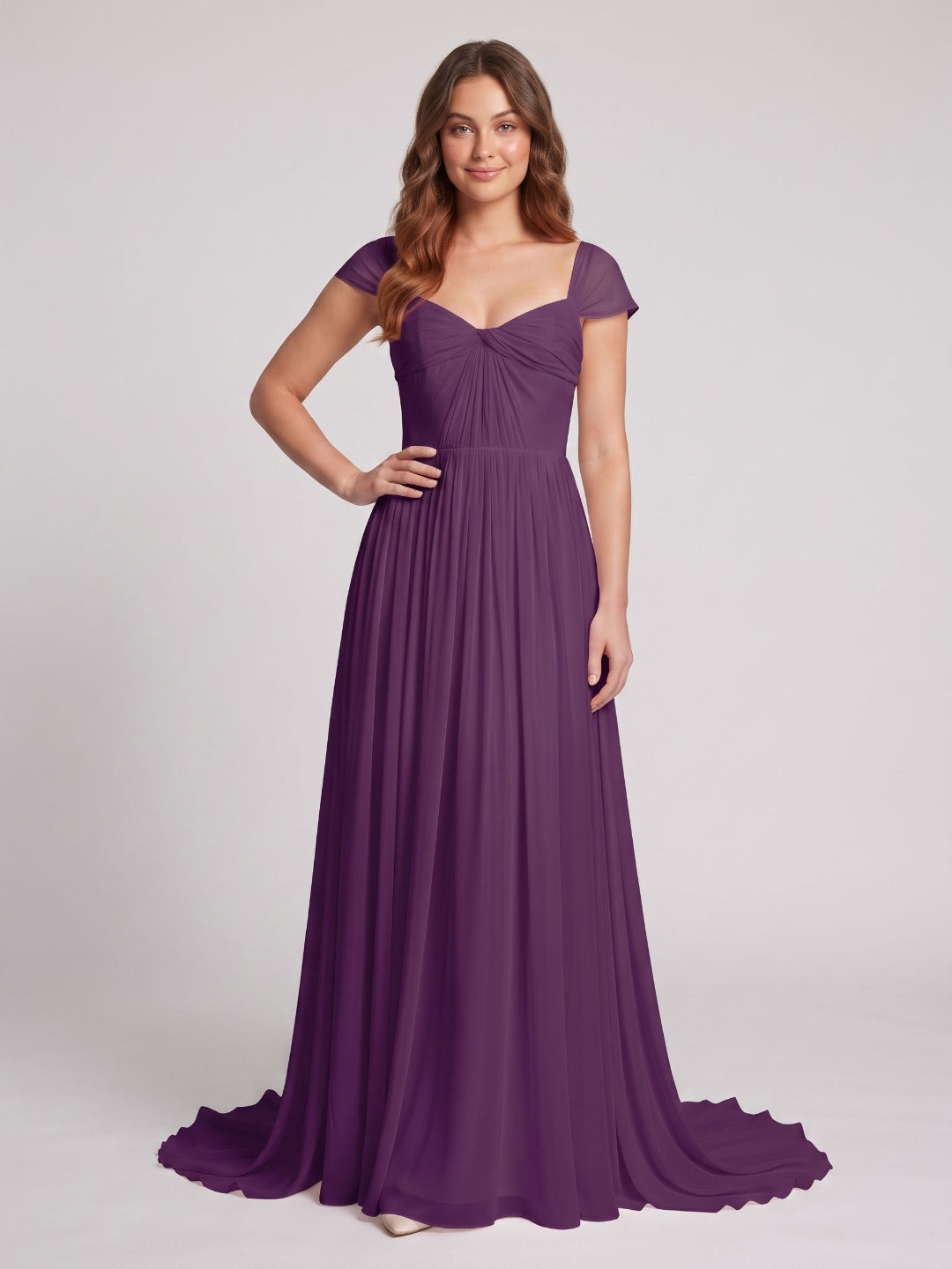 Plum Chiffon A-Line Square Neck Backless Floor-Length Prom Dress - Curvevia