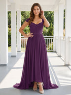 Plum Chiffon A-Line Square Neck Backless Floor-Length Prom Dress - Curvevia