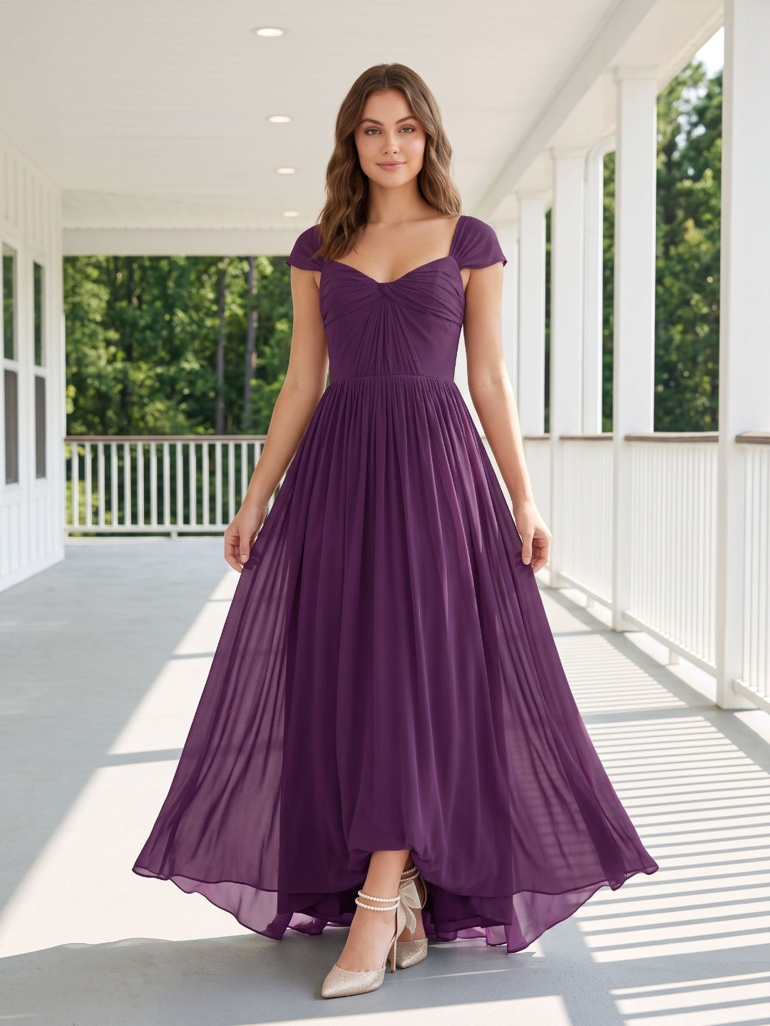 Plum Chiffon A-Line Square Neck Backless Floor-Length Prom Dress - Curvevia