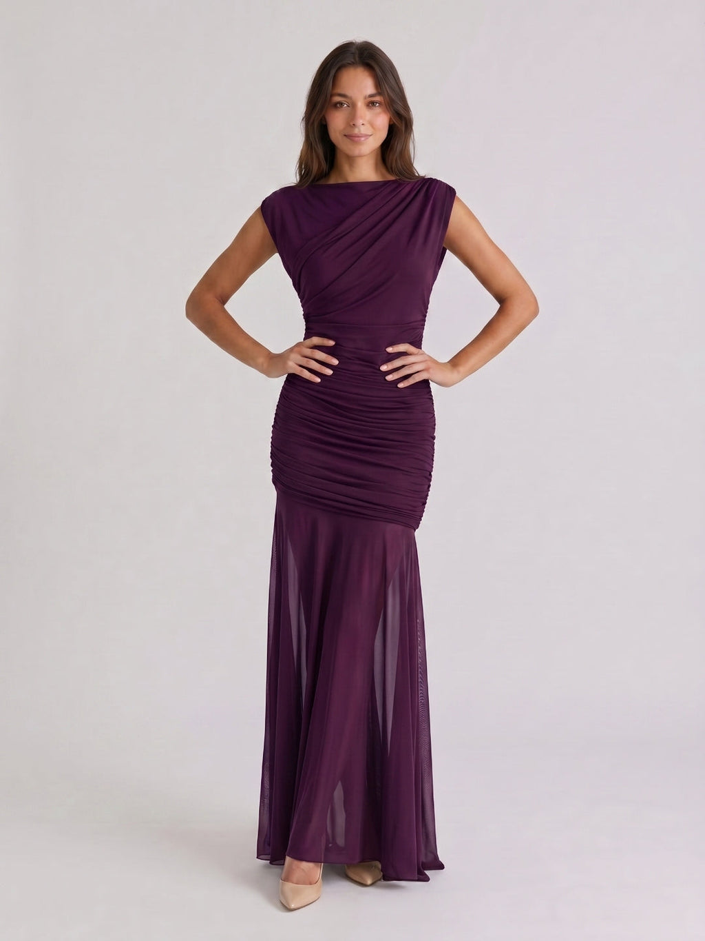Plum Matte Satin Sheath Cowl Neck Corset Back Floor-Length Formal Dress with Pleating - Curvevia