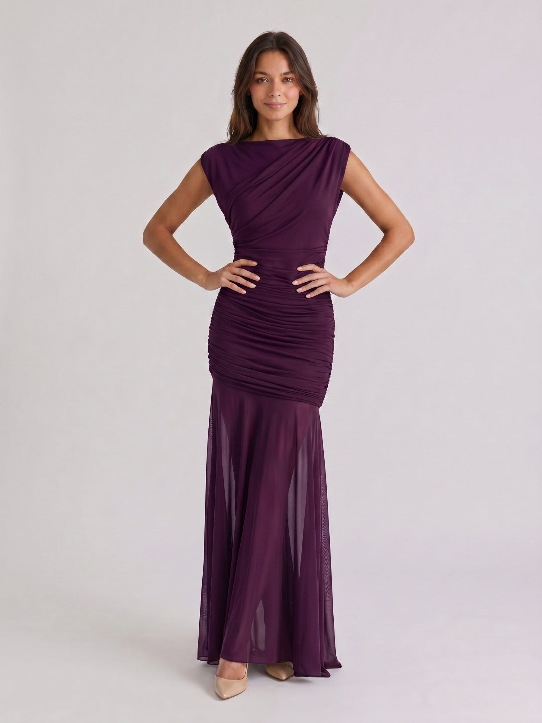 Plum Matte Satin Sheath Cowl Neck Corset Back Floor-Length Formal Dress with Pleating - Curvevia