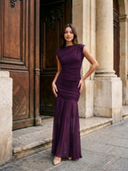 Plum Matte Satin Sheath Cowl Neck Corset Back Floor-Length Formal Dress with Pleating - Curvevia