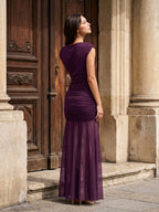 Plum Matte Satin Sheath Cowl Neck Corset Back Floor-Length Formal Dress with Pleating - Curvevia