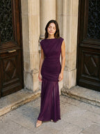 Plum Matte Satin Sheath Cowl Neck Corset Back Floor-Length Formal Dress with Pleating - Curvevia