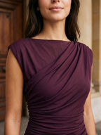 Plum Matte Satin Sheath Cowl Neck Corset Back Floor-Length Formal Dress with Pleating - Curvevia