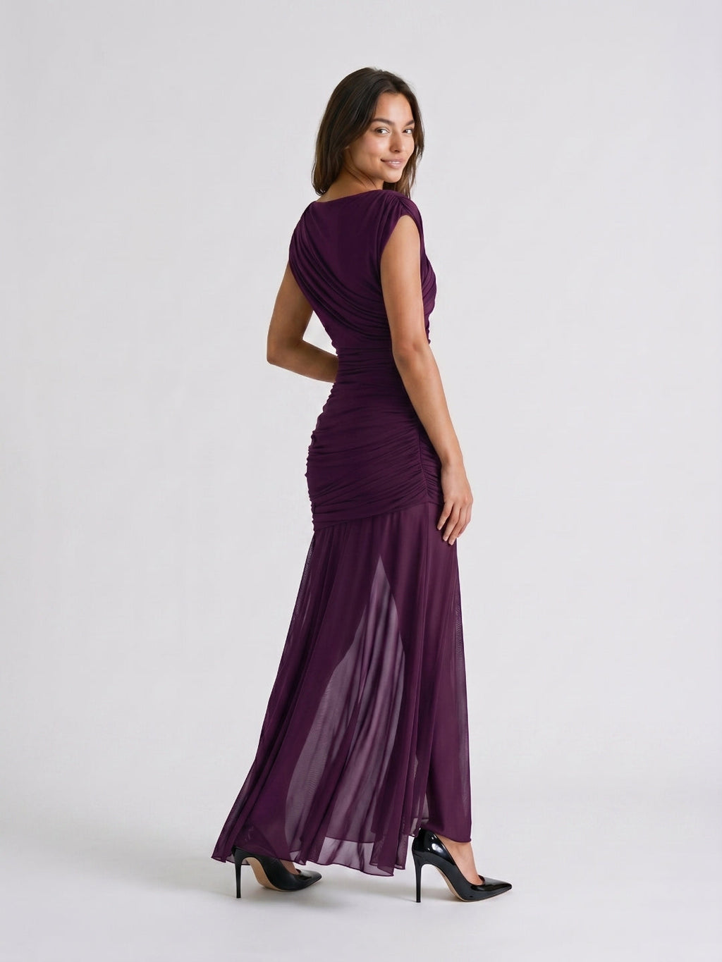 Plum Matte Satin Sheath Cowl Neck Corset Back Floor-Length Formal Dress with Pleating - Curvevia
