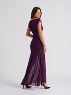Plum Matte Satin Sheath Cowl Neck Corset Back Floor-Length Formal Dress with Pleating - Curvevia
